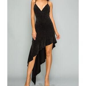 Privy Dress Womens Small Black Asymmetrical Sleeveless V Neck Glittery Ruffled